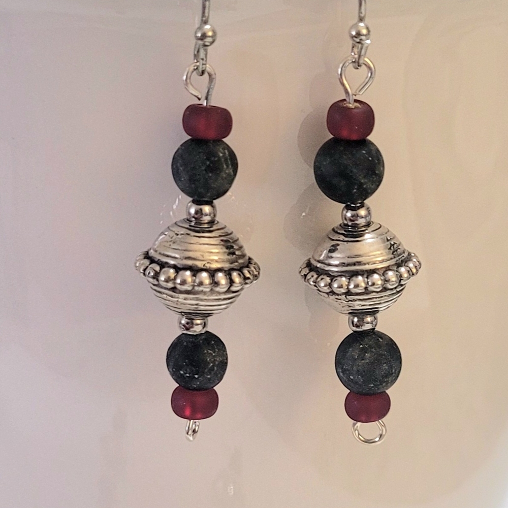 Silver and Black Beaded Earrings